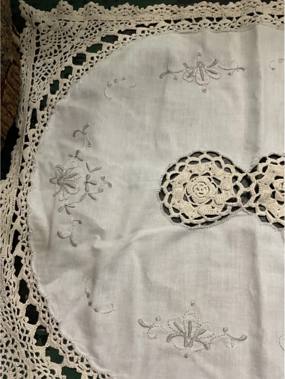 Vintage Handmade Crochet and Embroidered Table Runner